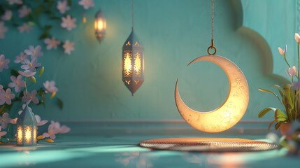 Wall Mural - Islamic decoration background with crescent moon, lantern cartoon style, ramadan kareem, eid al fitr, copy space text area, 3D illustration, banner, 