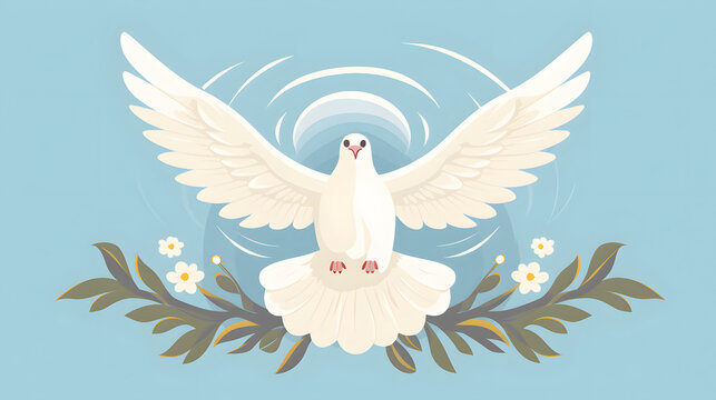 With pigeon in front of a white crucifix. Pentecost concept.