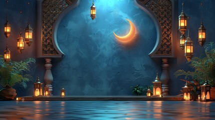 Wall Mural - Islamic decoration background with crescent moon, lantern cartoon style, ramadan kareem, eid al fitr, copy space text area, 3D illustration, banner, 