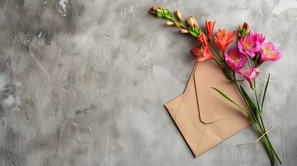 Wall Mural - Greeting card mockup with copy space colorful freesia flowers and greeting envelope on concrete background Template for branding and advertising : Generative AI