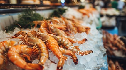 Fresh shrimps lying on ice counter at seafood market in Athens Greece Open shelf with prawns at fish market Close up : Generative AI