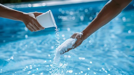 Service worker pouring salt in swimming pool water House and Hotels Maintenance of clean and disinfection pools : Generative AI