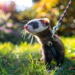 Wall Mural - Pet ferret on leash walking on grass