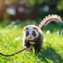 Wall Mural - Pet ferret on leash walking on grass