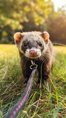 Wall Mural - Pet ferret on leash walking on grass