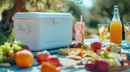 A picnic setup featuring a white cooler, fruits, and drinks on a sunny day outdoors.