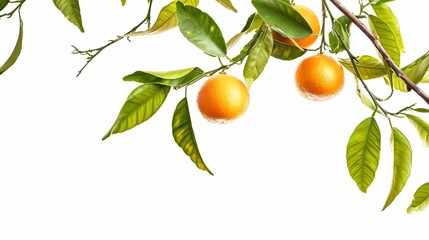 Poster - Fresh orange fruit hang on tree branch with green leaves isolated on white background : Generative AI