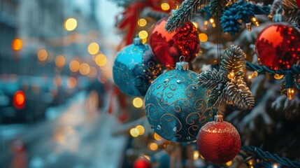 Close-up of Christmas ornaments on a tree, with festive street lights and blurred city background, capturing holiday spirit.