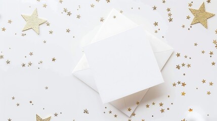 Poster - White blank paper square card mockup and golden various sizes stars confetti on white Christmas background Minimal Christmas or New year aesthetic template Flat lay top view : Generative AI