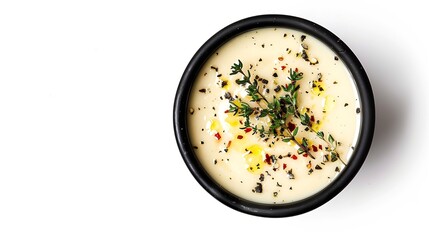 black bowl of vegetable cream soup decorated with thyme and chili flakes isolated on white background top view : Generative AI