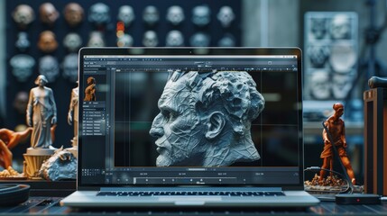 Wall Mural - Experience the magic of digital sculpting and texturing on a laptop screen, showcasing the intricate artistry of a model maker. Created with Generative AI.
