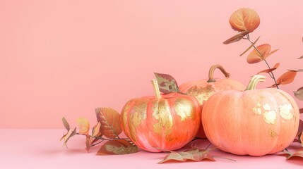 Wall Mural - Pumpkins adorned with gold foliage and eucalyptus on a pink backdrop