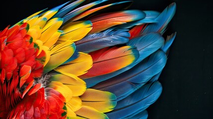 Wall Mural - macaw Feathers on black background, Plumas de guacamaya sobre fondo negro, guacamayo