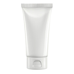 White plastic cosmetic tube with flip-top cap. Ideal for skincare, lotion, cream, or gel packaging. Minimalist design on transparent background.