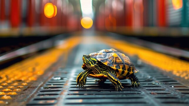 a turtle is running and jumping in the middle of the train platform, animal memes, humorous, funny