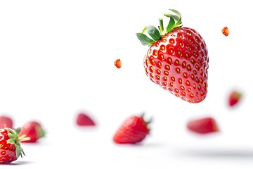 Wall Mural - Close up narutal fresh strawberry slices falling and floating in air isolated on white background.