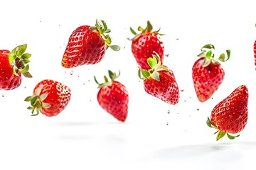 Wall Mural - Close up narutal fresh strawberry slices falling and floating in air isolated on white background.