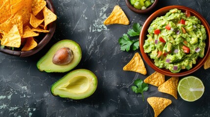 Avocado guacamole and tortilla chips arrangement from above with text space Depicts health and Mexican cuisine