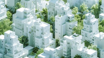 Canvas Print - An Eco-Friendly Cityscape of Pure White Buildings Integrated Seamlessly Into the Surrounding Greenery Generative AI Art Illustration