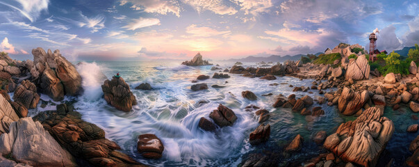 A panoramic view of the rocks and sea with waves crashing against them at sunset.