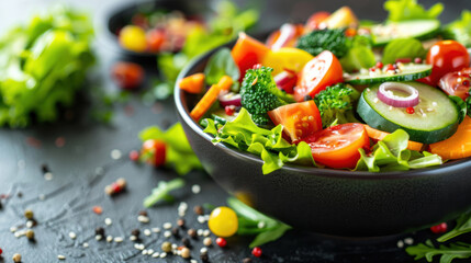 A colorful vegetable salad in a black bowl, featuring tomatoes, cucumbers, lettuce, and other fresh ingredients on a dark surface.
