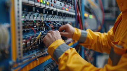 Wall Mural - A man in a yellow jacket is working on a circuit board
