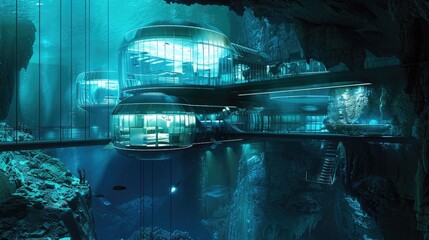 Wall Mural - Aquamarine Underwater Research Station: Showing a research station located deep underwater, with aquamarine-tinted glass walls and advanced marine biology laboratories