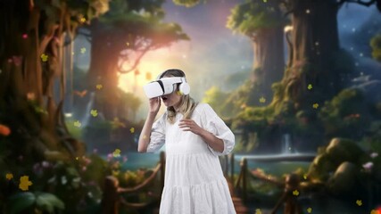 Wall Mural - Excited smiling in fantastic world with woman looking around by VR in fairytale forest wonderland with maple leaves falling fresh air in meta magical fantasy jungle creativity in spring. Contraption.