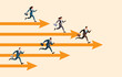 © Apirak - Businessmen and women compete in running on the Arrow Racetrack. Business competition. Compete with competitors to increase sales or win. Concept of comparing the performance of other employees.