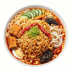 Poster - korean noodles with beef and vegetables in bowl on white background