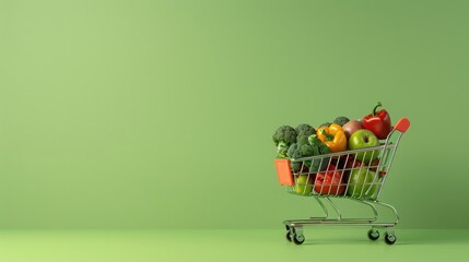 Shopping cart full of fresh vegetables on green background. 3d illustration