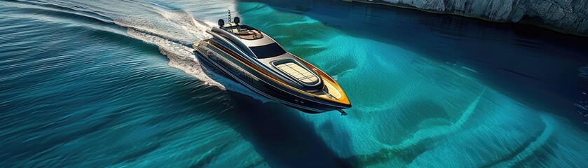 Wall Mural - Luxurious yacht cruising in crystal clear turquoise waters surrounded by rocky cliffs on a sunny day.