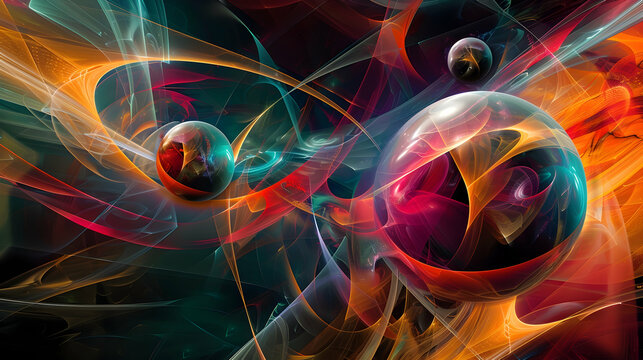 Energetic digital piece with two moving orbs amid abstract lines and vibrant shapes
