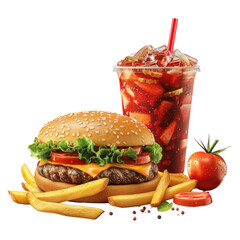 A juicy burger with cheese, lettuce, and tomato served with fries and a refreshing drink.