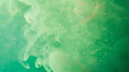A jet of soap smoke with glitter on a bright green background.