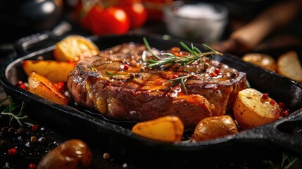 Wall Mural - Juicy grilled steak with roasted potatoes and fresh rosemary, garnished with spices, served in a cast iron skillet.