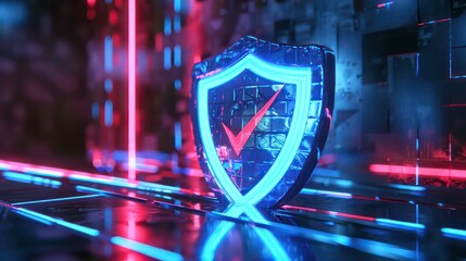 Poster - 3d rendering blue and red glowing shield with check marks on futuristic blue background. generative 