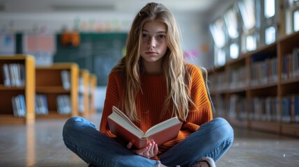 A girl is sitting on the floor with a book in her lap. She is wearing an orange sweater and has long hair. The scene appears to be in a library or a classroom