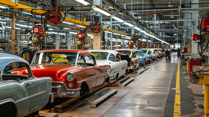 Wall Mural - A row of classic cars are lined up on an assembly line in a historic automotive factory