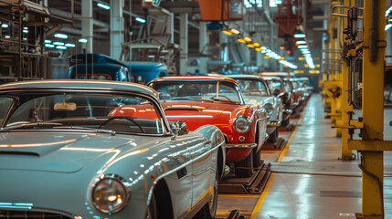 Wall Mural - A row of classic cars at various stages of assembly in a factory setting, showcasing the blend of old and new