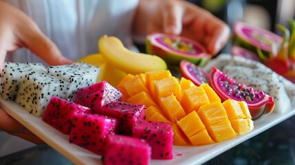 Wall Mural - A food critic carefully examines a plate of tropical fruits noting the texture taste and riss of each one. A variety of exotic fruits including dragonfruit papaya and passionfruit are