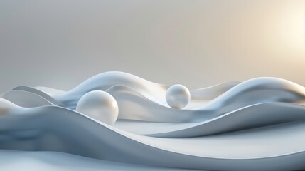 Wall Mural - 3D rendering of a smooth, flowing surface with three spheres resting on it. The surface is lit by a soft, ambient light. Generative AI