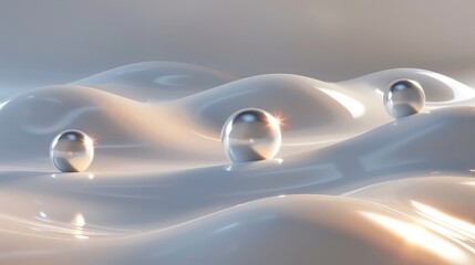 Wall Mural - 3D rendering of a smooth, flowing surface with three spheres resting on it. The surface is lit by a soft, ambient light. Generative AI