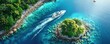 © PBMasterDesign - Aerial view of a yacht sailing close to a lush island with clear blue waters and vibrant greenery, representing tropical paradise and adventure.