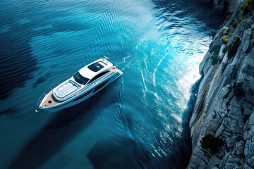 Wall Mural - Luxury yacht cruising in clear blue waters alongside a rocky coastline, showcasing serene and scenic ocean travel.