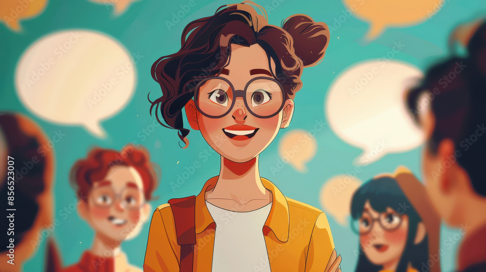Role Model Smiling Role model : A cheerful girl with glasses stands in the forefront ...