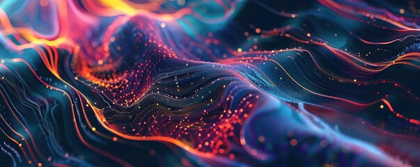Colorful abstract digital art featuring vibrant waves of light and particles, creating a dynamic and fluid design perfect for backgrounds.