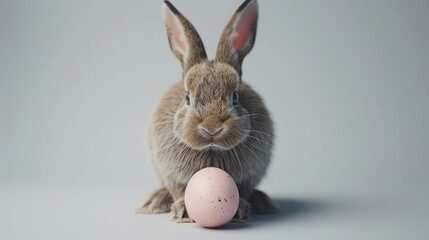 Wall Mural - Happy Easter bunny with egg on the white background, created with Generative AI