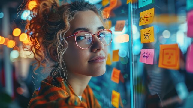 Panoramic Creative Group Working with Sticky Notes on Glass Wall in Office