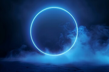 Wall Mural - A neon blue circle with smoke on a dark background